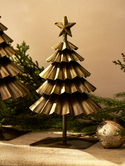 Small Pershore Christmas Tree in antique brass finish with pleated metal design and star topper.