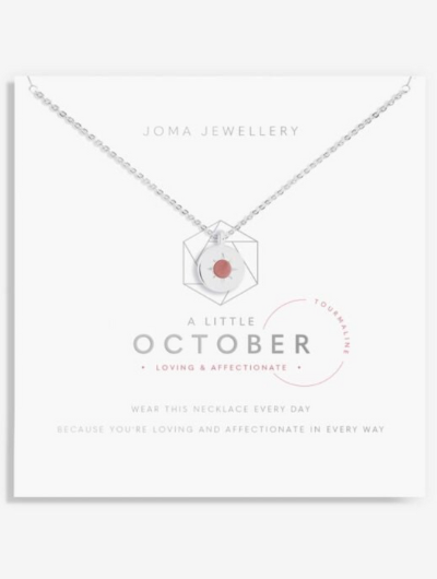 Joma Jewellery A Little October Birthstone necklace with tourmaline gemstone disc charm on sentiment card.