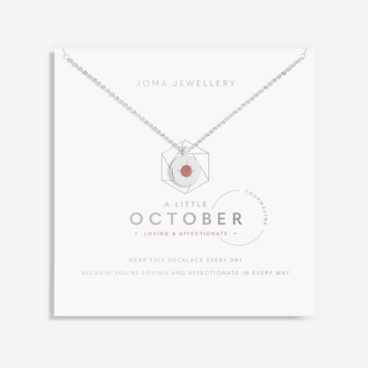 Joma Jewellery A Little October Birthstone necklace with tourmaline gemstone disc charm on sentiment card.