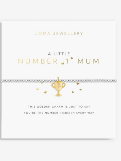 Joma Jewellery A Little Number 1 Mum silver-plated bracelet with gold charm on sentiment card.
