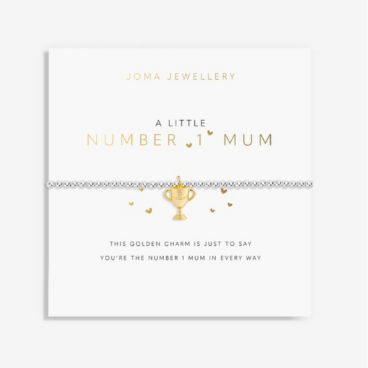 Joma Jewellery A Little Number 1 Mum silver-plated bracelet with gold charm on sentiment card.