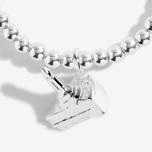 A Little Happiest Of Birthdays bracelet with silver-plated birthday cake charm on sentiment card.