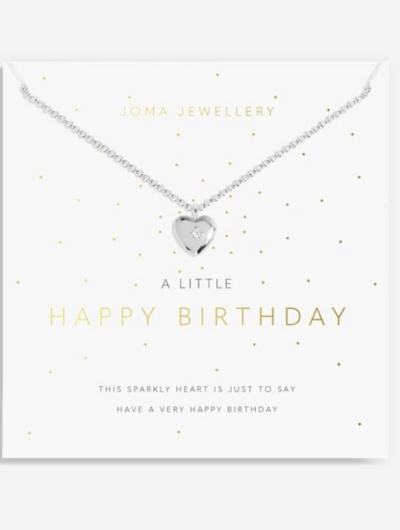 A Little Happy Birthday silver-plated necklace with heart pendant on sentiment card.