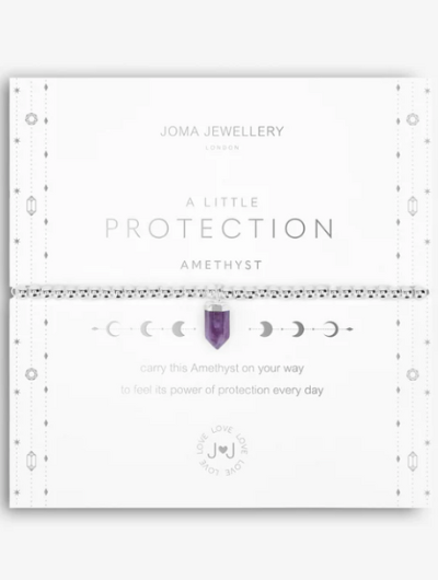 Affirmation Crystal Protection bracelet with Amethyst pendant and silver beads on sentiment card.