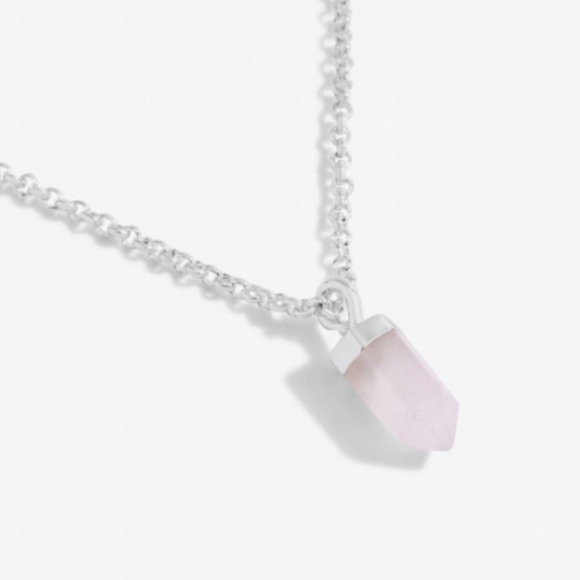 Affirmation Crystal Love necklace with Rose Quartz pendant on sentiment card.