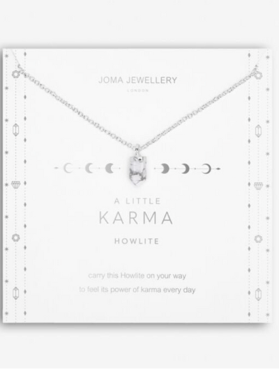 Joma Jewellery Howlite Karma necklace displayed with affirmation card and gemstone charm.
