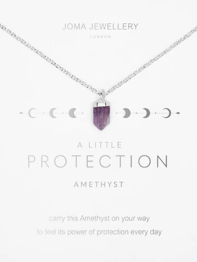 Joma Jewellery Amethyst protection necklace displayed with affirmation card and gemstone charm.