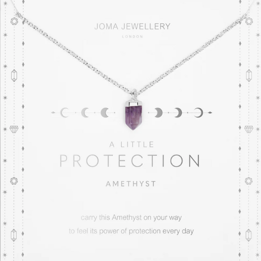 Joma Jewellery Amethyst protection necklace displayed with affirmation card and gemstone charm.