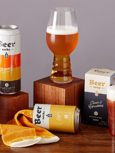 Beer Socks packaged in novelty beer cans in Ale, Lager and Stout designs.