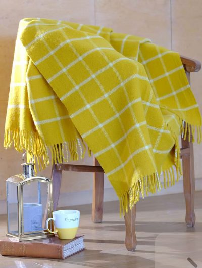 Sand Cornwall yellow chequered pure new wool blanket throw with tasselled edge in large size.
