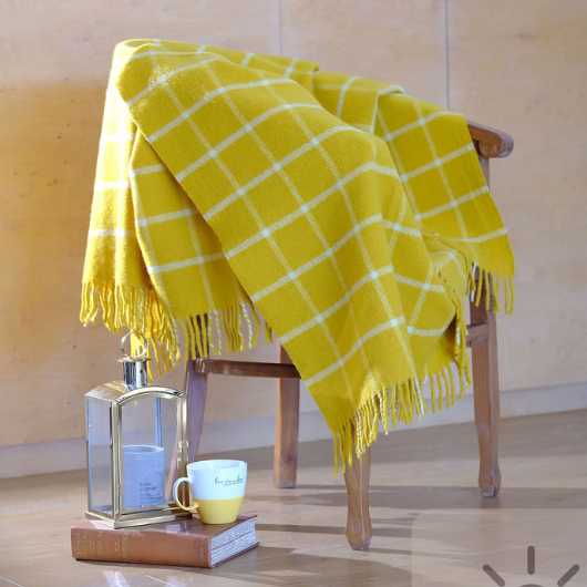 Sand Cornwall yellow chequered pure new wool blanket throw with tasselled edge in large size.
