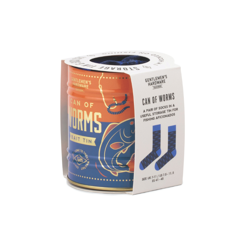 Fishing-themed novelty socks packaged in a tin by Gentlemen’s Hardware.