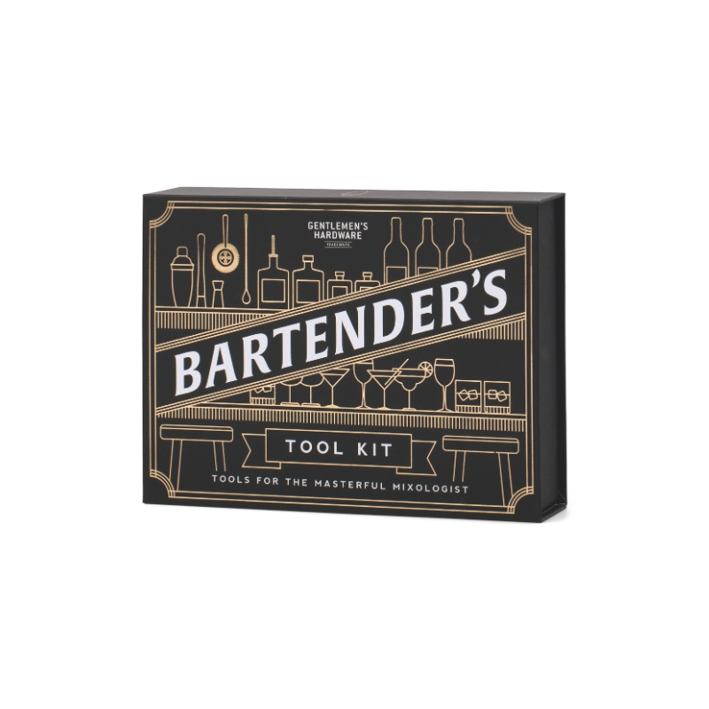 Gentlemen’s Hardware Bartender’s Kit with strainer, jigger, muddler and waiter’s friend.