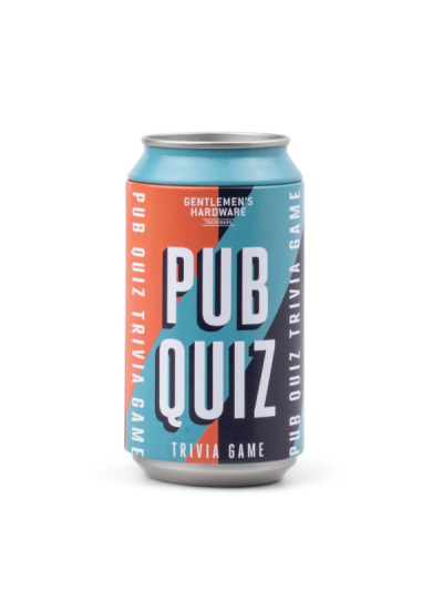 Gentlemen’s Hardware Pub Quiz in a Can with trivia cards, notepad and pencil.