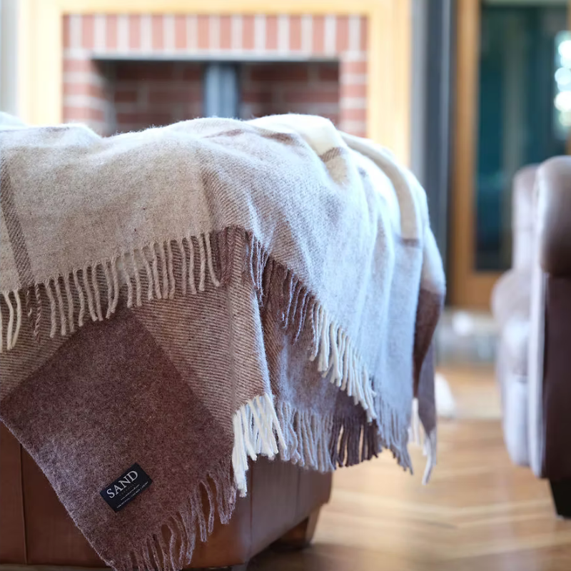Sand Cornwall Jacob Block Check pure new wool blanket Throw in duck egg, charcoal and grey with tassels.