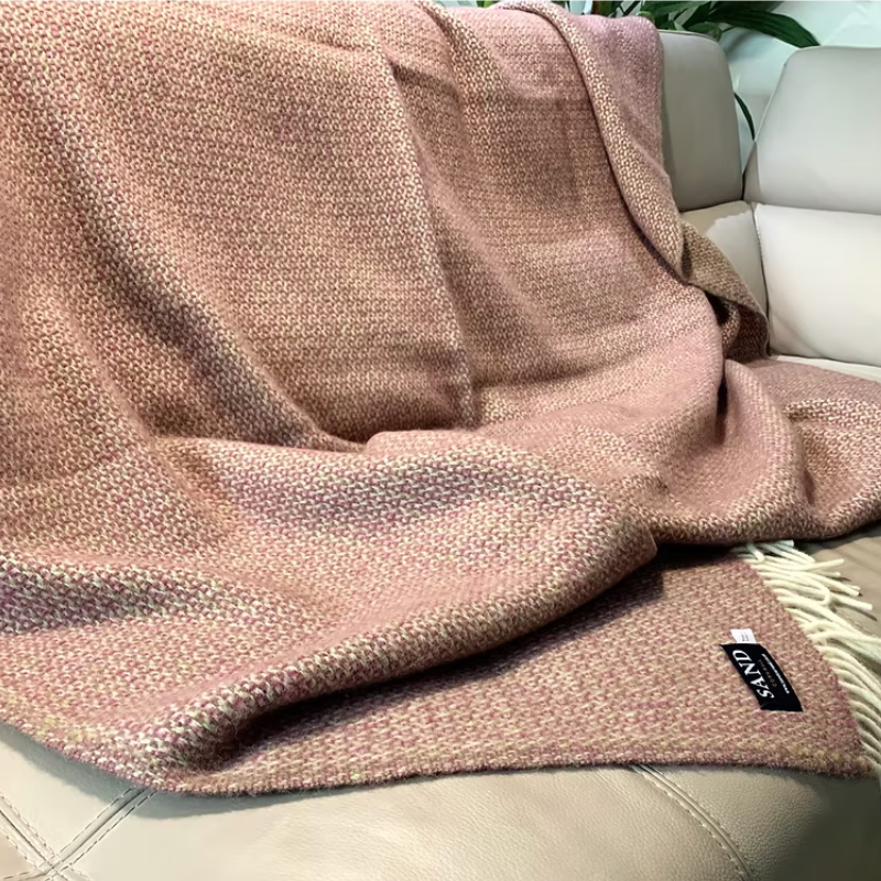 Sand Cornwall Raspberry Illusion 100% new wool blanket with cream tassels.