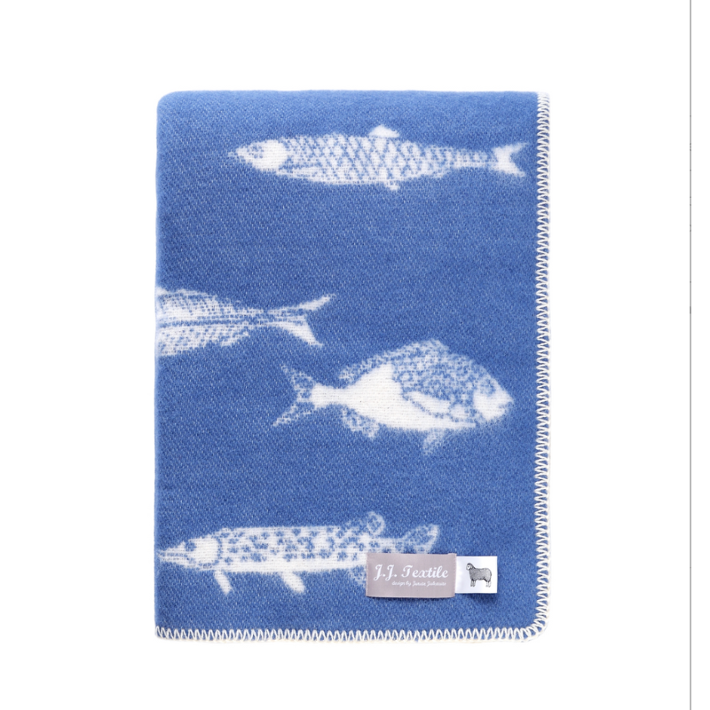 JJ Textiles Fish Wool Blanket with blue ocean design, reversible wool and cotton throw.