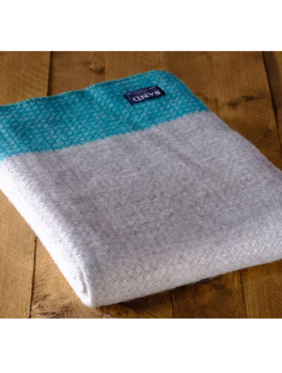Peacock blue crossweave pure new wool blanket Throw with grey base, 140x200cm, Sand Cornwall.