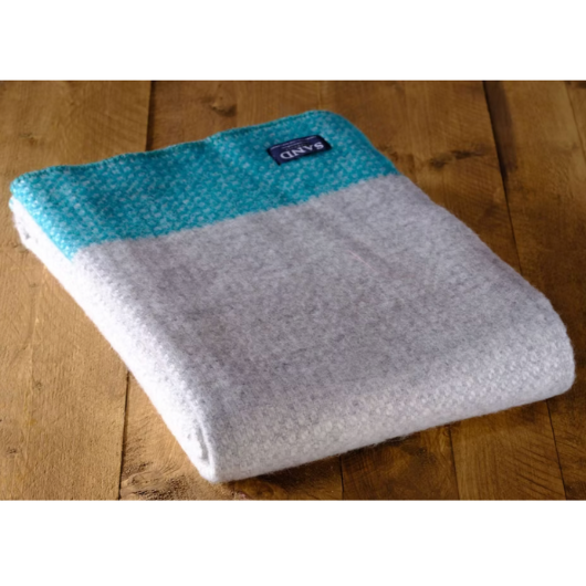 Peacock blue crossweave pure new wool blanket Throw with grey base, 140x200cm, Sand Cornwall.