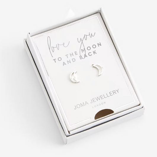 Joma Jewellery Love You To The Moon and Back earrings presented in a white Treasure The Little Things gift box with silver moon studs.
