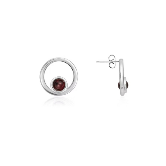 Front view of Joma Jewellery silver-plated January birthstone earrings featuring real garnet stones.