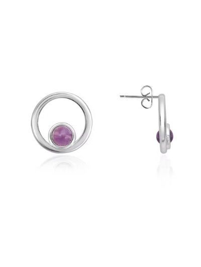 Close-up of Joma Jewellery silver-plated amethyst birthstone halo stud earrings with butterfly backs.