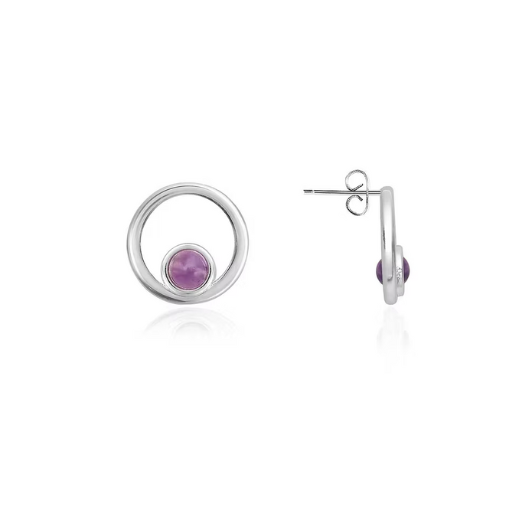 Close-up of Joma Jewellery silver-plated amethyst birthstone halo stud earrings with butterfly backs.