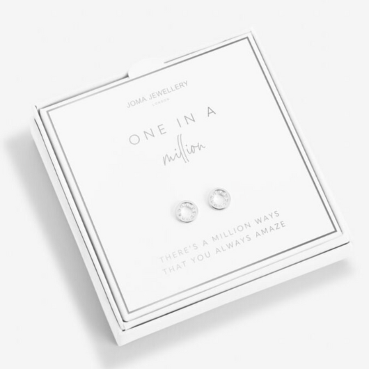 Joma Jewellery One in a Million earrings presented in a white Beautifully Boxed A Little gift box with sparkling silver studs.