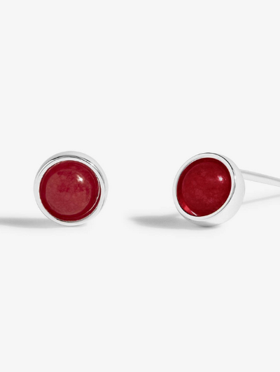Close-up of Garnet January Birthstone Earrings with sparkling gemstone detail and personality traits card.