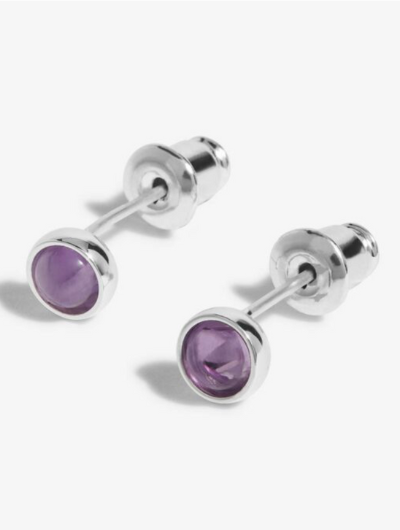 February Birthstone Earrings – silver-plated design with Amethyst stones in white gift box.