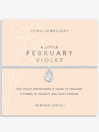 Joma Jewellery Birth Flower February Violet silver-plated bracelet with engraved oval charm on pastel sentiment card.