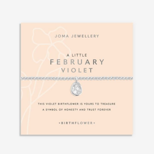 Joma Jewellery Birth Flower February Violet silver-plated bracelet with engraved oval charm on pastel sentiment card.