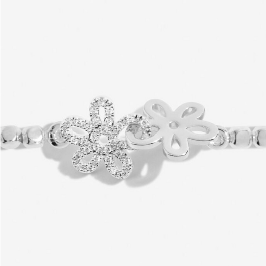 Joma Jewellery Forever Yours Just To Say Thank You bracelet with pavé flower charm on blush pink sentiment card.