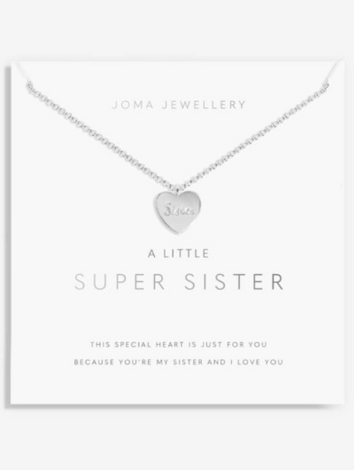 Joma Jewellery A Little Super Sister silver-plated necklace with engraved heart charm on sentiment card.