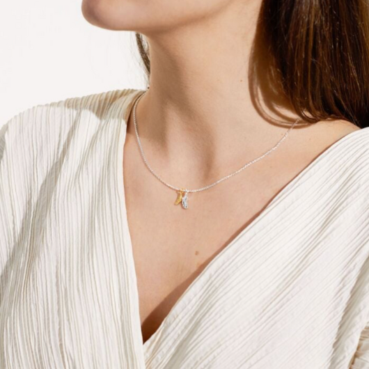 Joma Jewellery A Little Feathers Appear silver and gold plated necklace with feather charm on sentiment card.