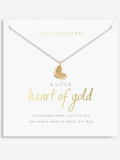 Joma Jewellery A Little Heart Of Gold necklace with gold heart charm on stylised sentiment card.