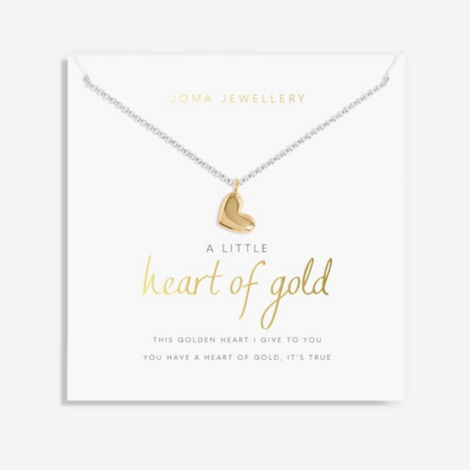 Joma Jewellery A Little Heart Of Gold necklace with gold heart charm on stylised sentiment card.