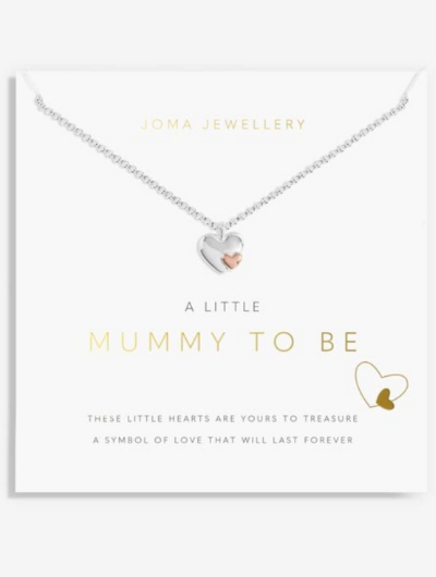 Joma Jewellery A Little Mummy To Be silver-plated necklace with heart charm on stylised sentiment card.
