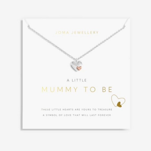 Joma Jewellery A Little Mummy To Be silver-plated necklace with heart charm on stylised sentiment card.