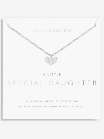 Joma Jewellery A Little Special Daughter silver-plated necklace with pavé heart charm on sentiment card.