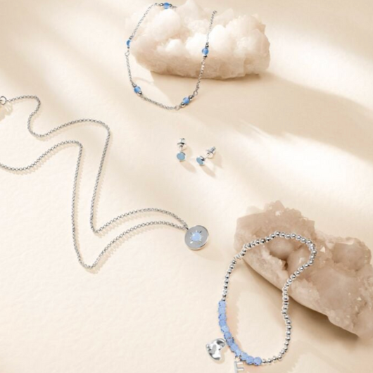 Joma Jewellery March Birthstone Necklace with Aqua Crystal charm on sentiment card.