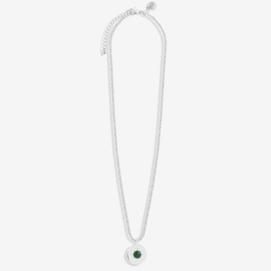 Joma Jewellery May Birthstone Necklace with Green Agate charm on sentiment card.