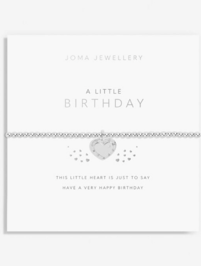 Joma Jewellery A Little Birthday silver-plated bracelet with heart charm on sentiment card.