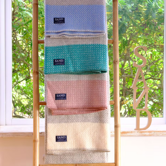 Peacock blue crossweave pure new wool blanket Throw with grey base, 140x200cm, Sand Cornwall.