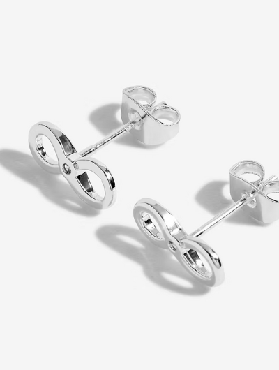 Angled view of Joma Jewellery silver-plated Forever Friends infinity earrings showing polished finish and butterfly backs.