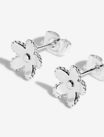 Front view of Joma Jewellery silver-plated Hello Beautiful flower stud earrings with delicate detailing.”