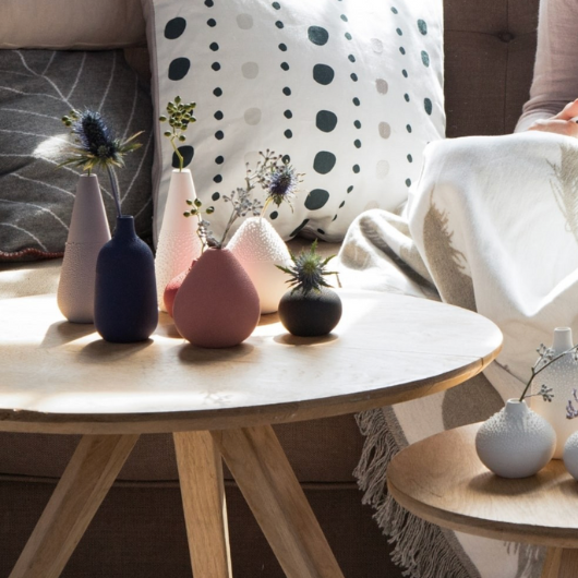 Räder Designs mini grey beaded porcelain bud vase with matte powder finish and hand-applied texture.