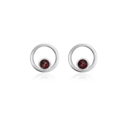 Front view of Joma Jewellery silver-plated January birthstone earrings featuring real garnet stones.