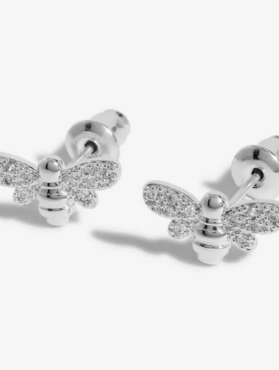 Front view of Joma Jewellery silver-plated Happy As Can Bee earrings featuring sparkling pavé detailing.