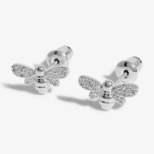 Front view of Joma Jewellery silver-plated Happy As Can Bee earrings featuring sparkling pavé detailing.